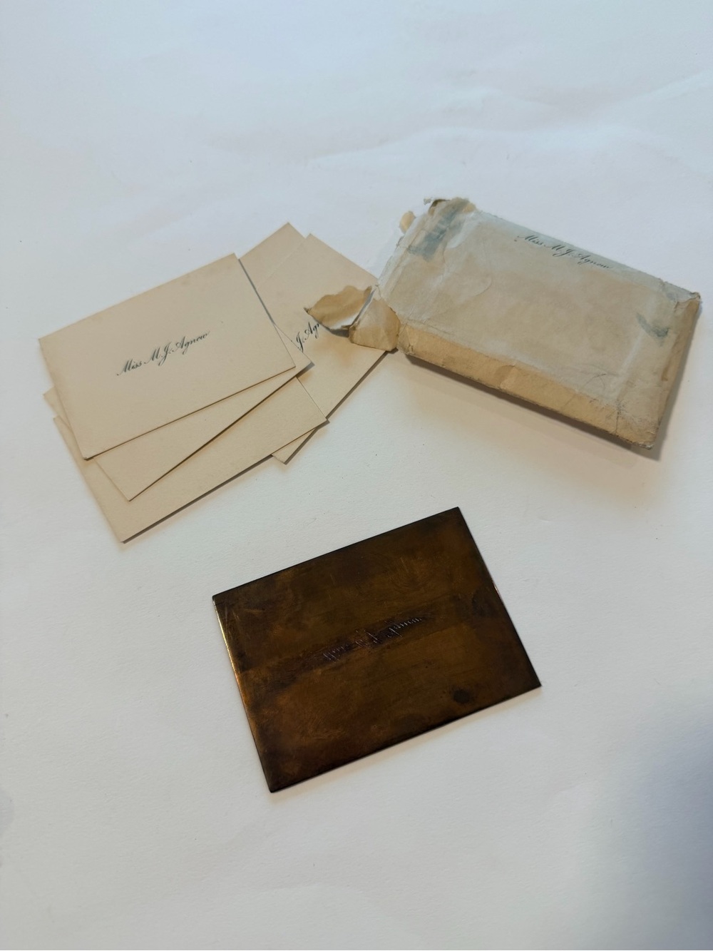 Antique Copper Calling Card Printing Plate w/ Original Cards – Miss M.J. Agnew